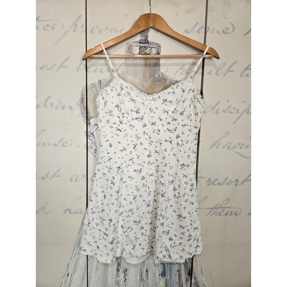 Trixxi Floral Mini Dress L White Blue Linen Blend Cottagecore Coquette Boho